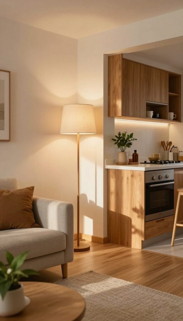 A cozy tiny open-plan living room and kitchen with two floor lamps providing warm layered lighting, one in the corner by the sofa and one near the kitchen counter.