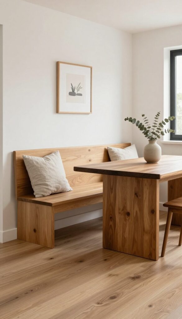 Cozy eat-in kitchen with wooden bench seating against wall, light oak bench with pillows, dark walnut table, and eucalyptus vase.