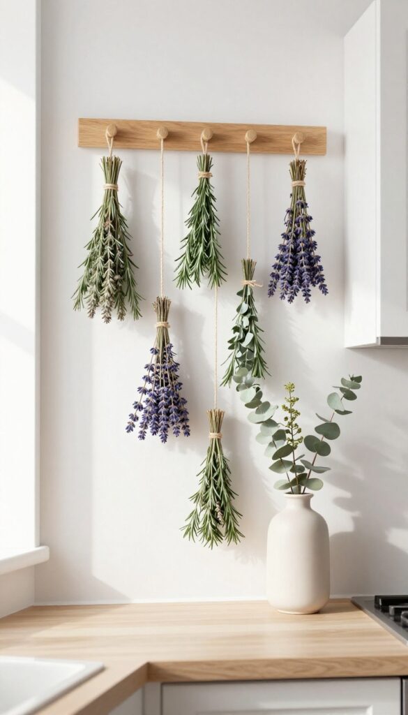 Hanging dried herb bundles on a kitchen wall, natural light, rustic decor