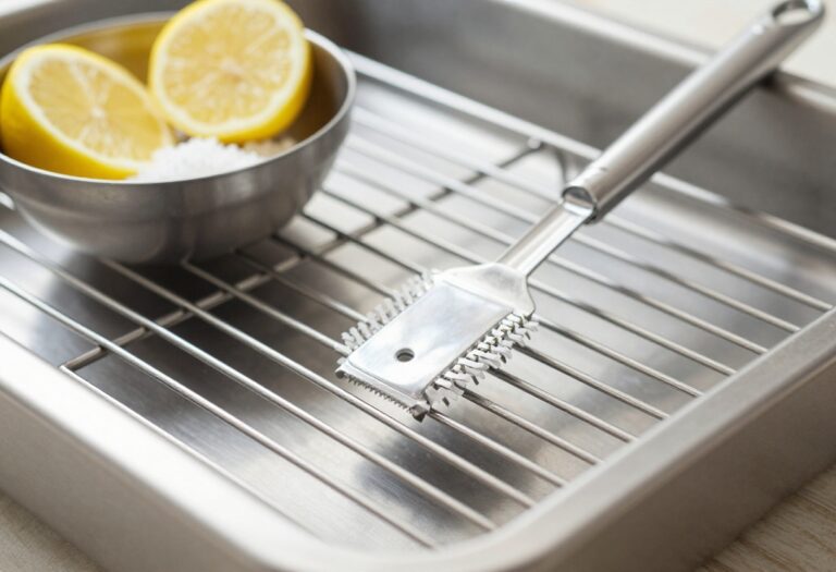Clean grill grates with cleaning tools including a brush and lemon halves