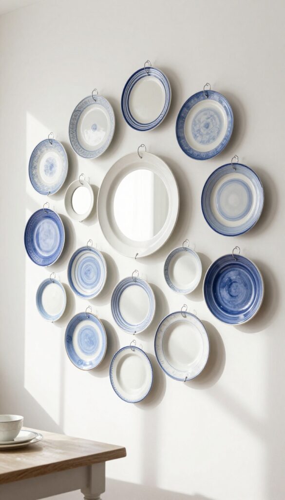 Blue and white vintage plate wall display above a kitchen table, arranged in a circular cluster with a small mirror, in natural light.