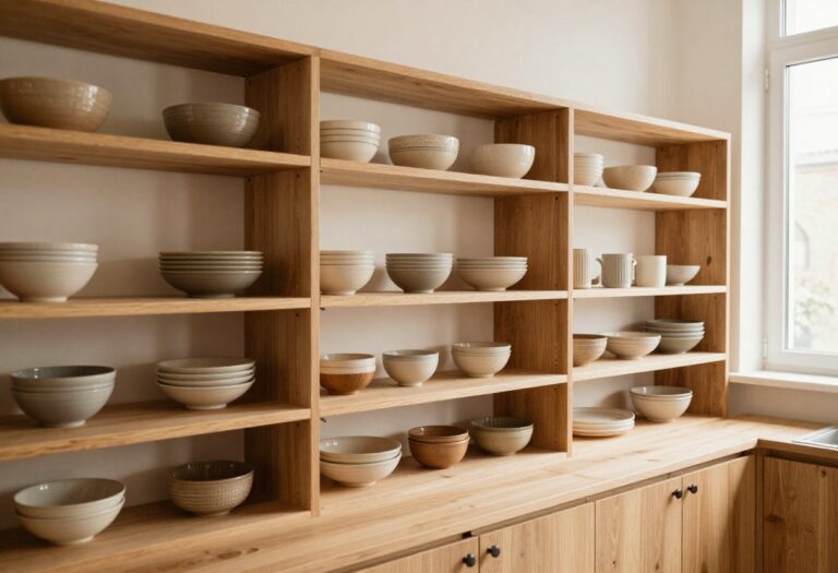 Cozy kitchen with organized bowls on tiered shelves and a lazy Susan in a cabinet