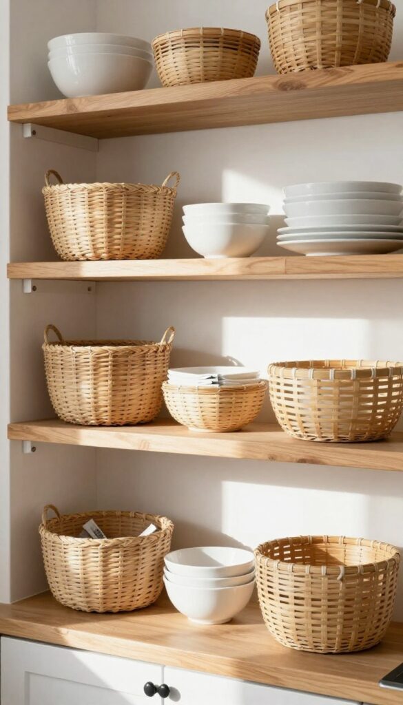 Open kitchen shelves with woven storage baskets, ceramic dishes, and natural light