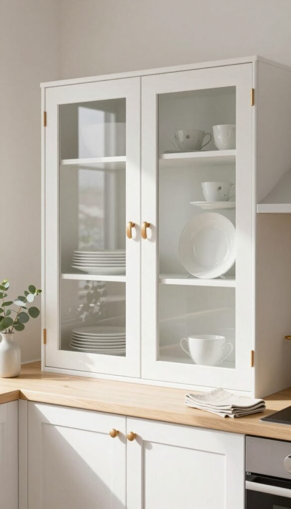 Kitchen with IKEA cabinets featuring frosted glass doors showcasing neatly arranged white dishes and teacups, with natural light and a cozy, layered look.