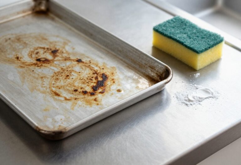 Baking sheet with burnt stains being cleaned with baking soda paste and sponge