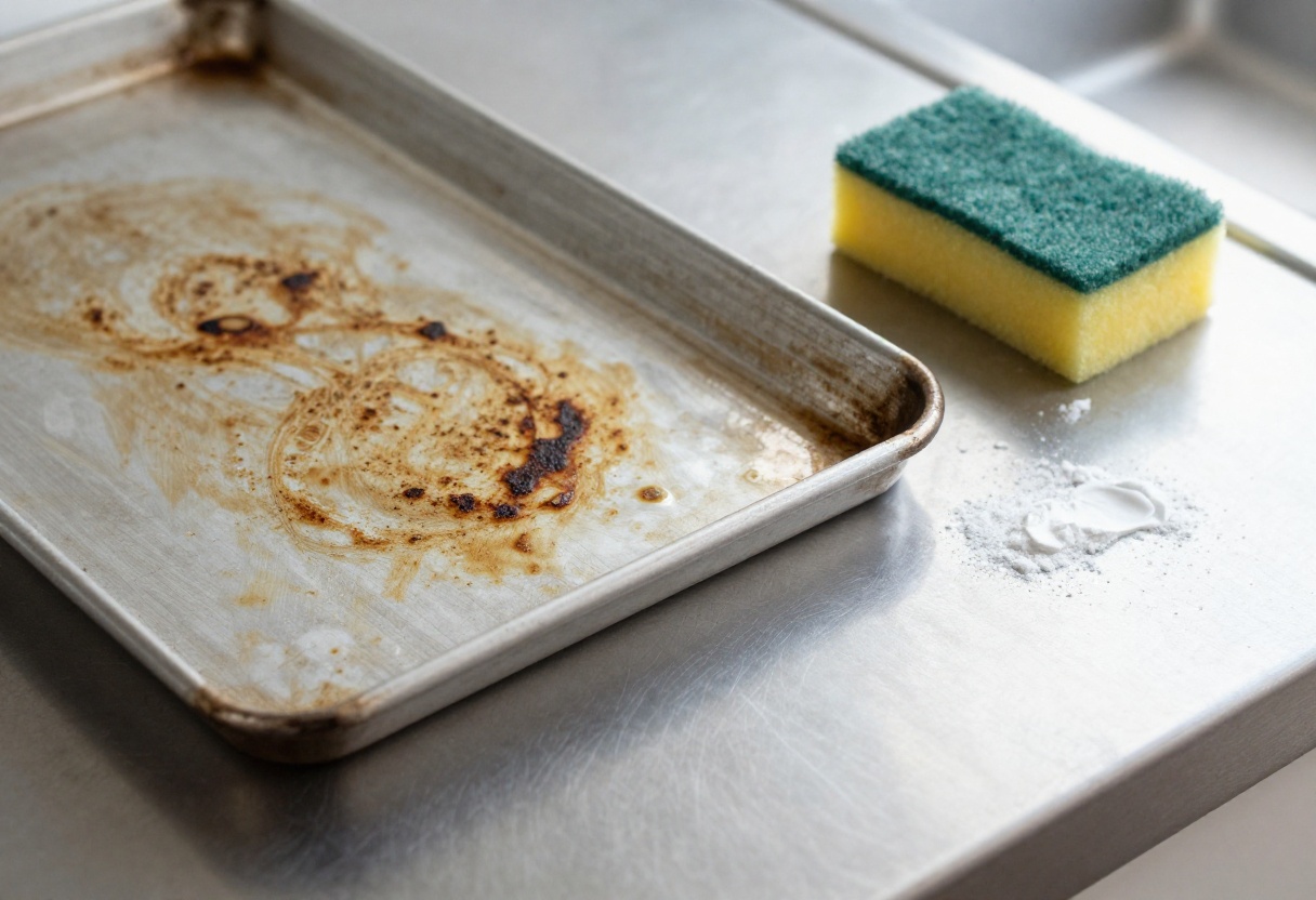 Baking sheet with burnt stains being cleaned with baking soda paste and sponge