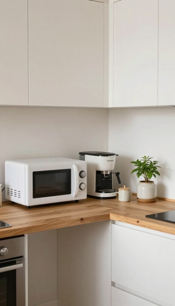 Corner desk turned coffee station with microwave and coffee maker in a bright kitchen