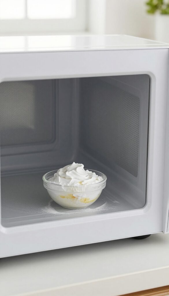Cleaning stubborn spots in a microwave with baking soda paste and a sponge