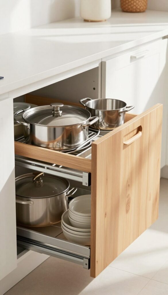 Pull-out drawer in deep base kitchen cabinet organized with cookware