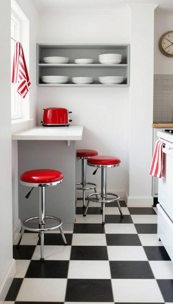 Vintage diner kitchen with checkerboard floor, chrome stools, and retro red toaster