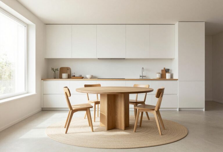 Small kitchen with round wooden table and beige round rug under it, natural light, minimalist decor.