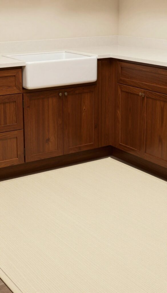 Small kitchen with brown cabinets and a light cream runner on the floor in front of the sink