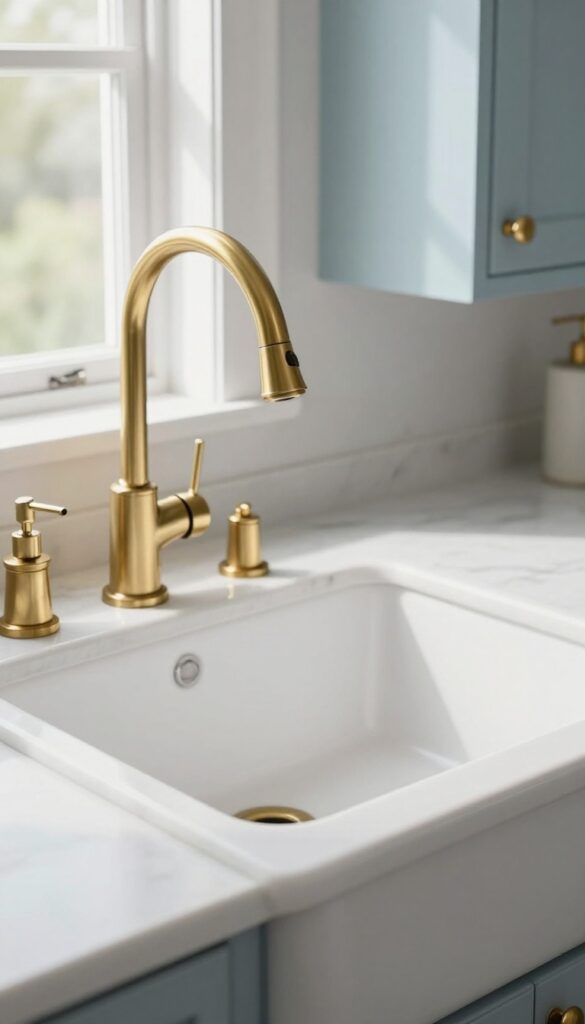 Close-up of a polished brass faucet as a focal point in a blue and gold kitchen with white farmhouse sink and pale blue cabinets