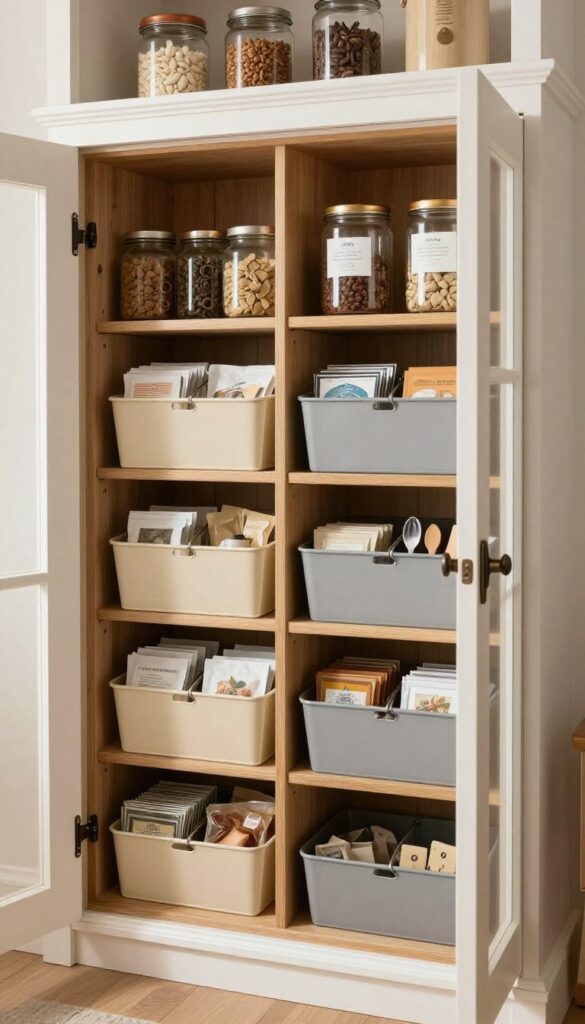 Farmhouse pantry door with over-the-door wire baskets holding small kitchen items