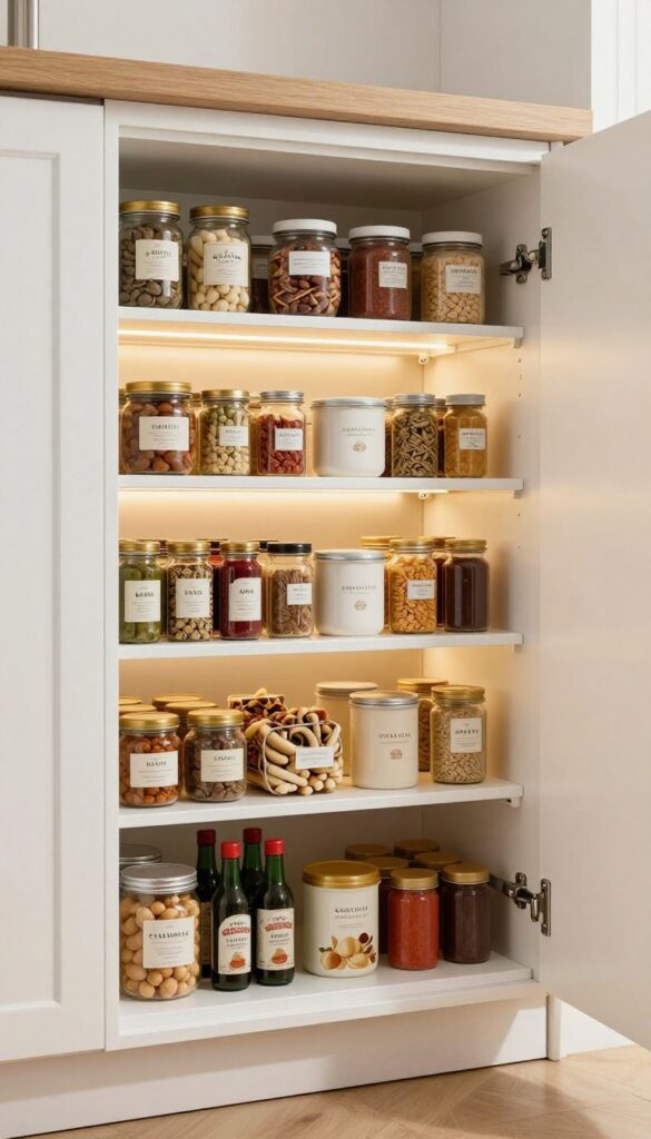 Open deep pantry cabinet with motion-sensor LED strip lights illuminating organized shelves of jars and spice bottles, warm glow, bright natural light, clean composition.