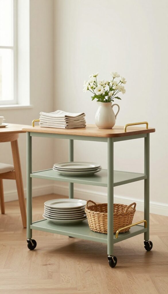 Bar cart used as mobile sideboard next to dining table with napkins, flowers, and plates.