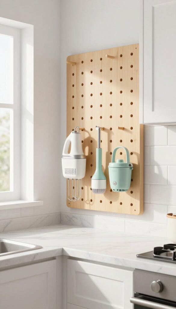 Light wood pegboard mounted on white subway tile backsplash holding pastel handheld kitchen appliances, with natural light and clean composition.