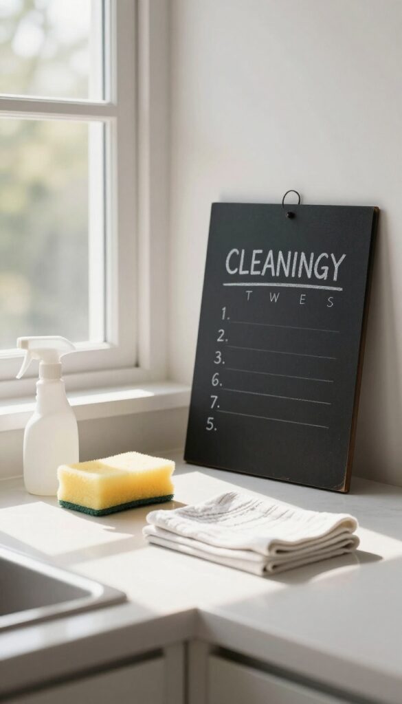 Kitchen counter with cleaning supplies and a weekly schedule on the fridge, bright natural light