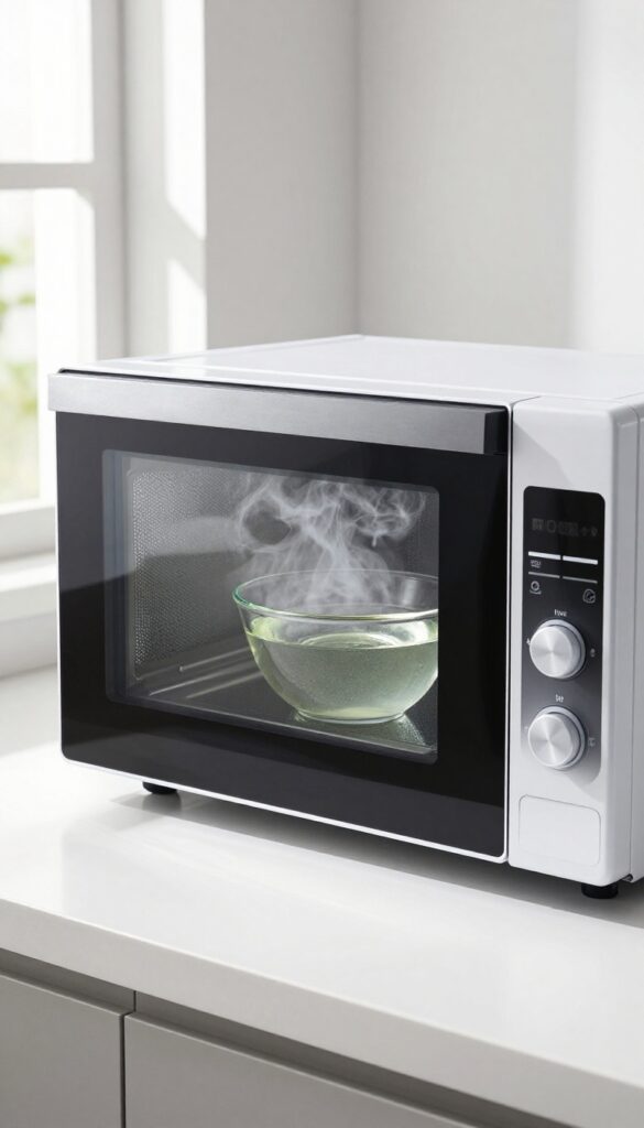 Microwave with steaming bowl of water and vinegar inside