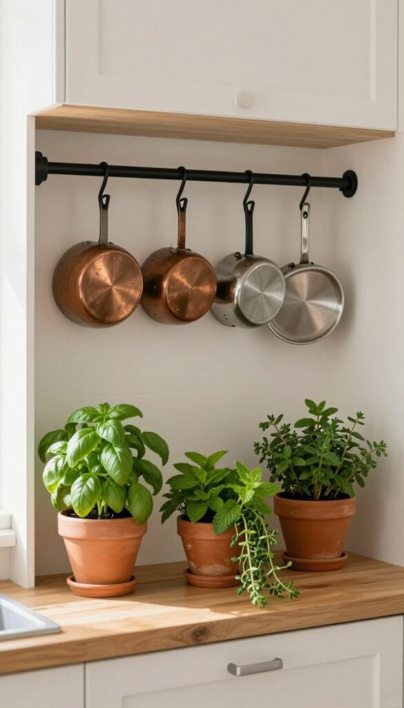 Kitchen alcove with hanging pot rack and herb garden, terracotta pots on wooden shelf, bright natural light, cozy farmhouse style.
