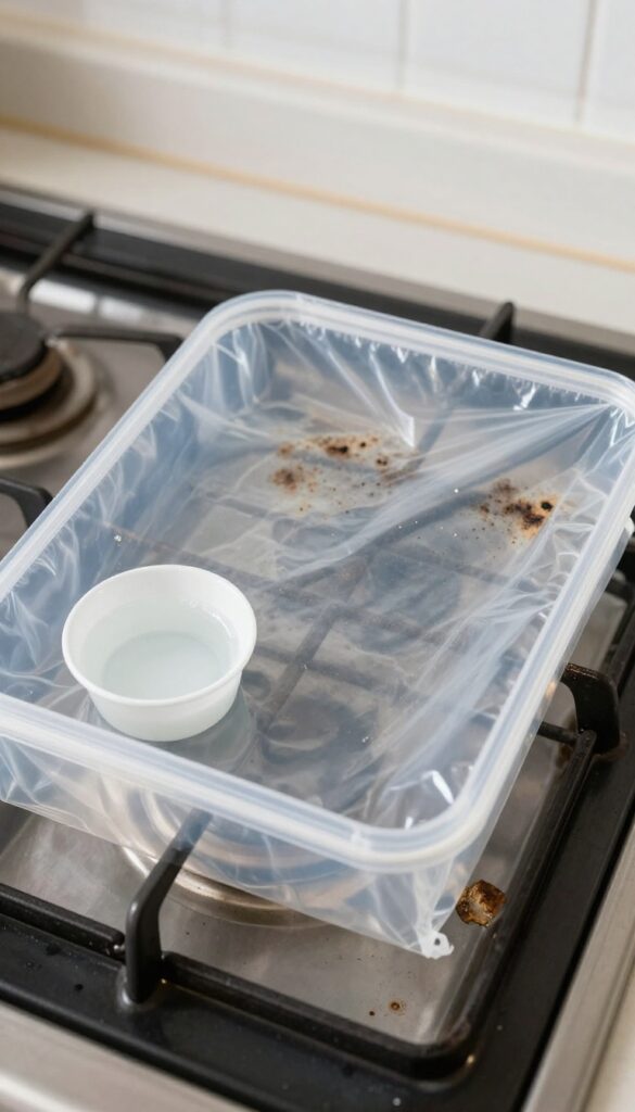 Stove grate in a plastic bag with ammonia for overnight grease removal