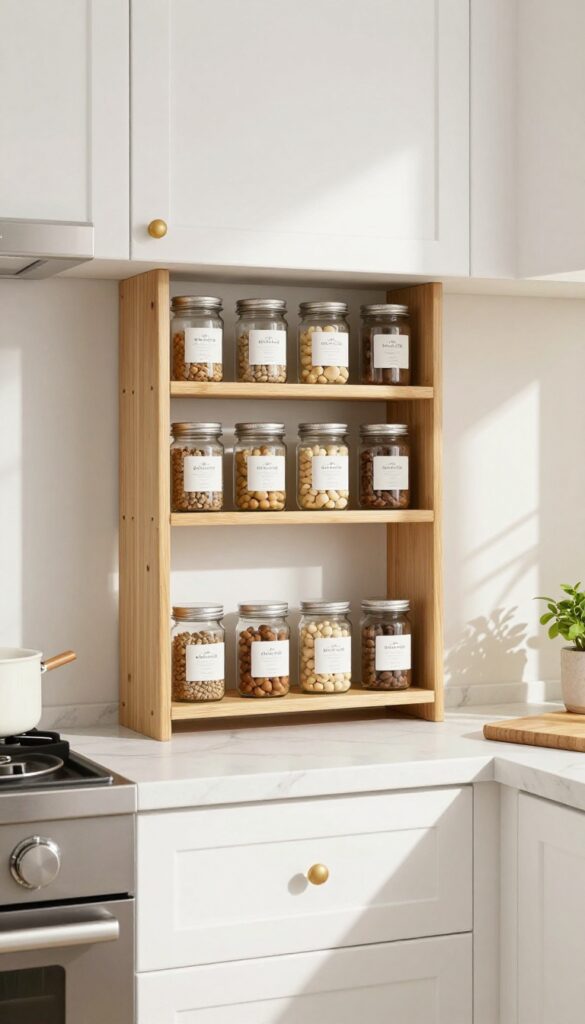 Slim spice rack mounted on the end of a kitchen cabinet, holding labeled spice jars near the stove.