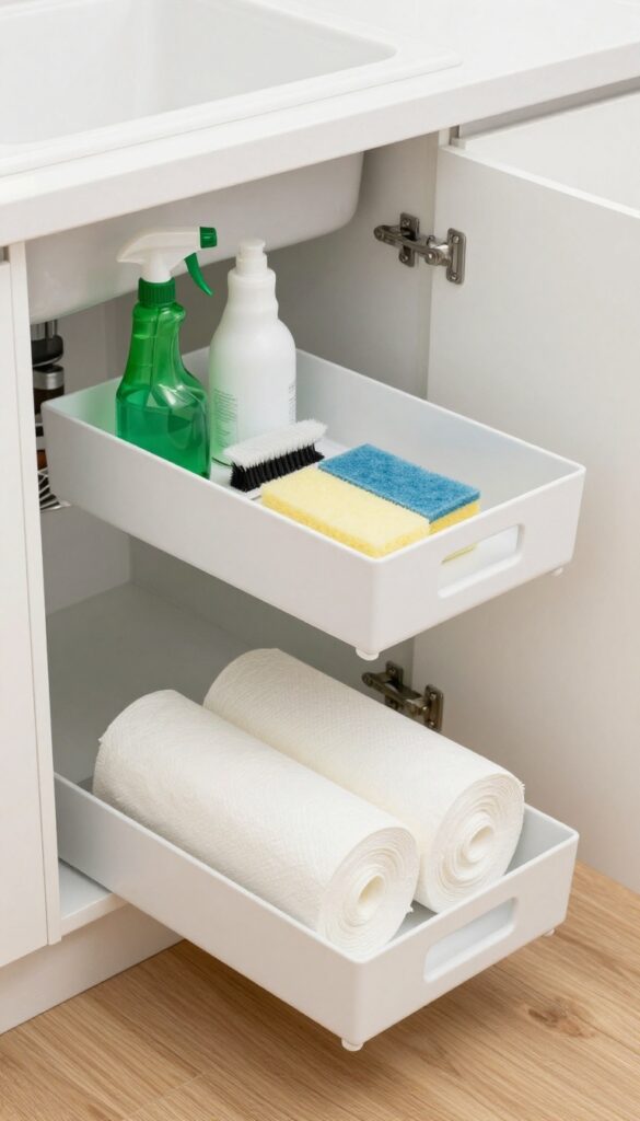 Open kitchen cabinet under sink with two pull-out trays holding organized cleaning supplies