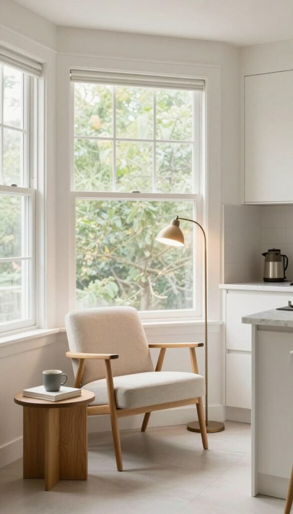 A cozy reading nook in a kitchen bay window featuring a slim armchair, floor lamp, and side table.