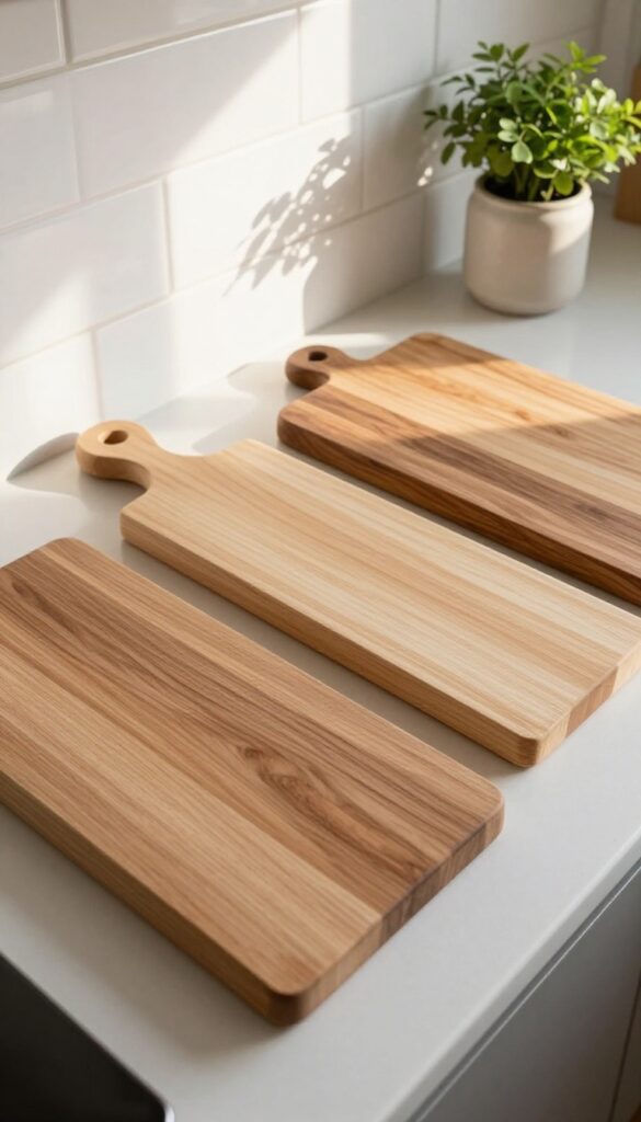 Three wooden cutting boards in different sizes and wood tones leaning against a white tile backsplash on a kitchen counter, with warm natural light.