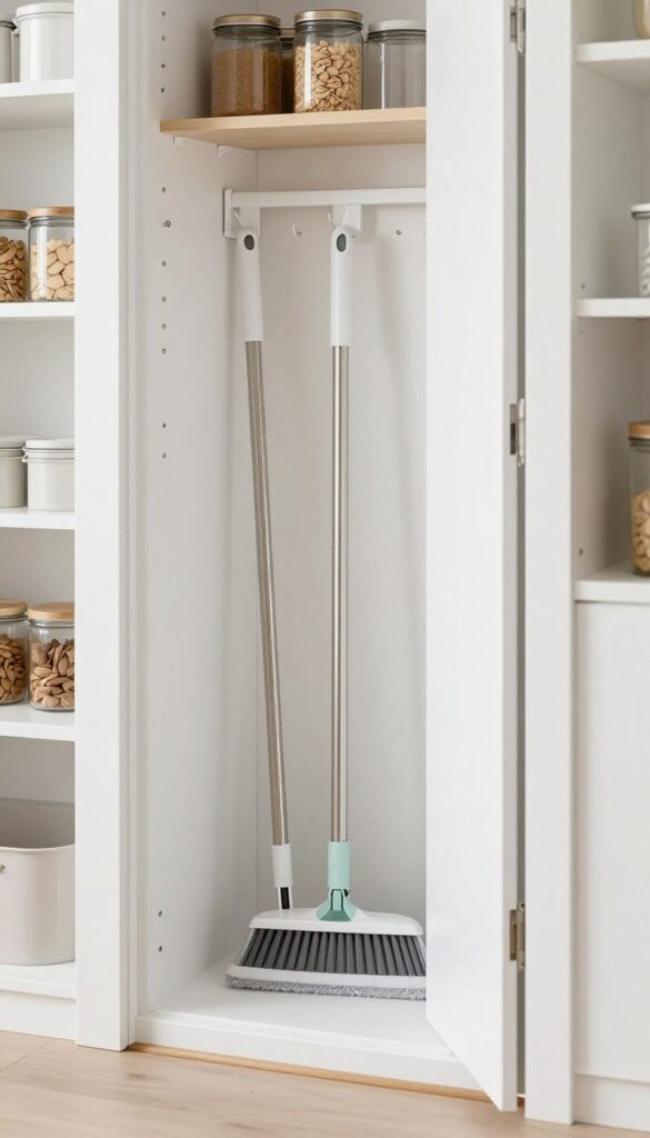 Pantry door with Command hooks holding mop and broom, organized and tidy