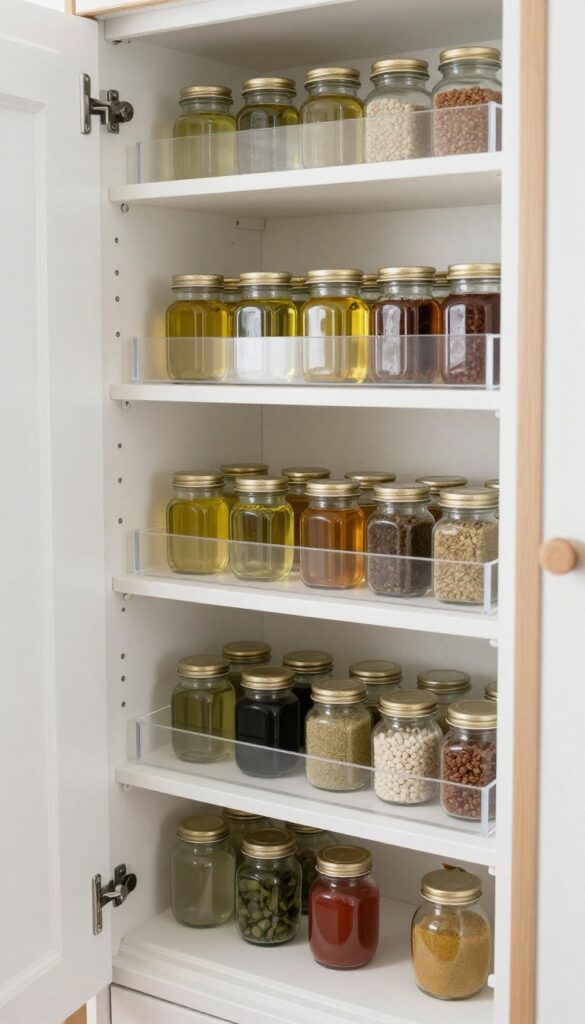 A clear lazy Susan on a deep pantry shelf with small jars of oil and spices, bathed in natural light.