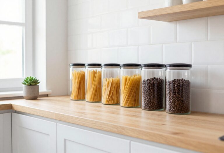 Modern kitchen open shelves with clear glass canisters neatly arranged, filled with pasta and coffee, with a small succulent beside them.