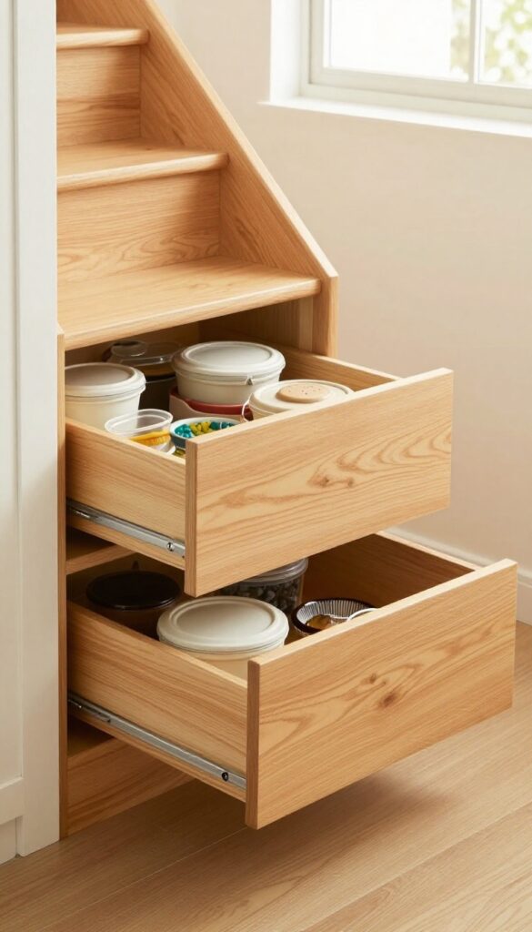 Small kitchen under stairs with hidden pull-out drawers made of matching oak wood, blending seamlessly into the staircase.