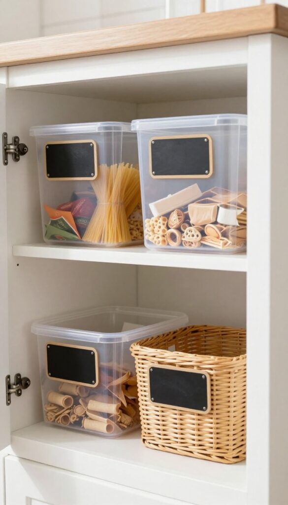 Open kitchen cabinet with clear bins and baskets organizing food items by category.