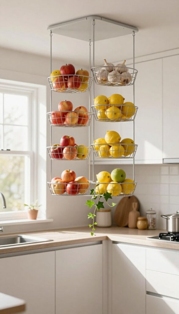 Hanging fruit basket from ceiling in bright kitchen with produce and herbs
