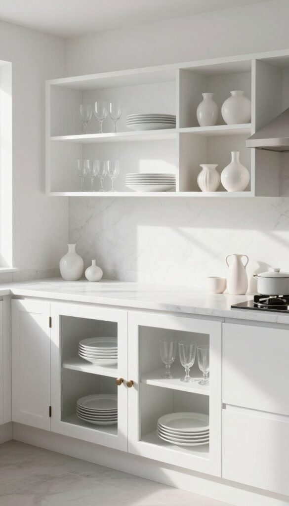 Bright kitchen with clear glass cabinet doors displaying white dishes and glassware