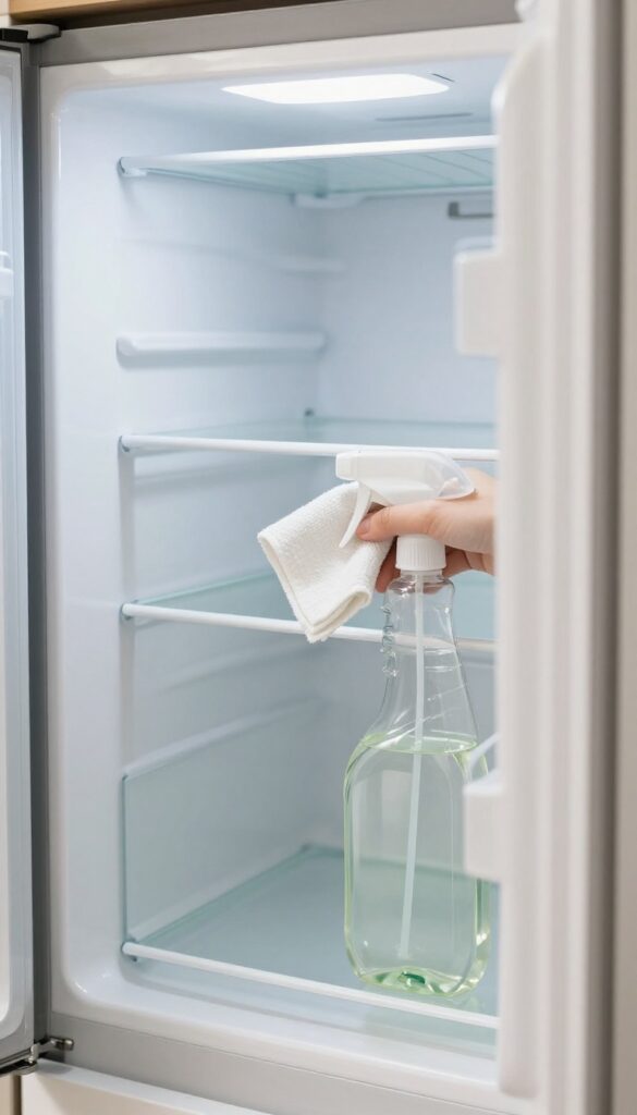 Person cleaning refrigerator shelves with vinegar solution spray and microfiber cloth