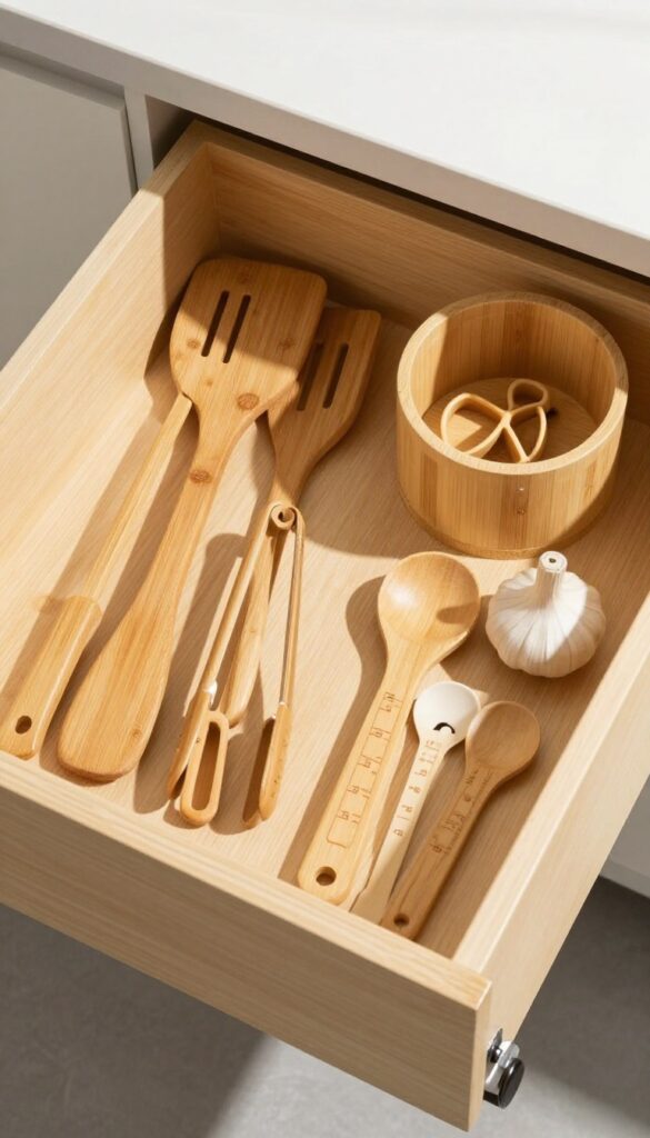 Organized kitchen drawer with bamboo dividers holding utensils and gadgets