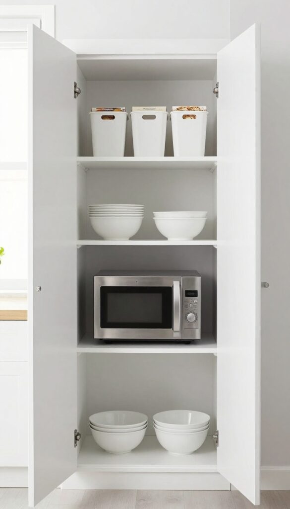 A white corner pantry with open door, revealing a stainless steel microwave on a dedicated shelf, surrounded by organized bins and kitchen items.