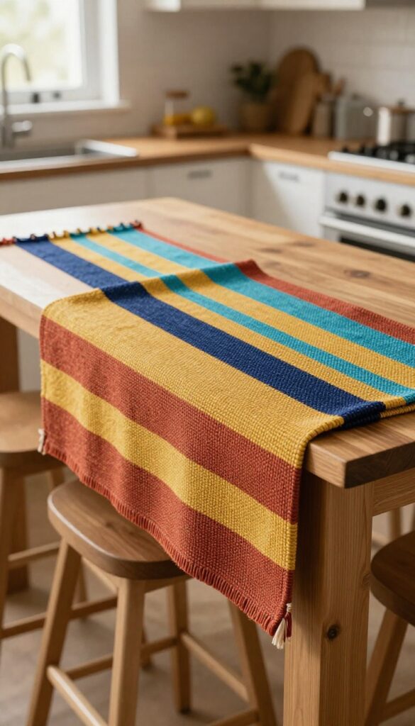 Kitchen island with colorful handwoven runner in red, yellow, indigo, and turquoise stripes