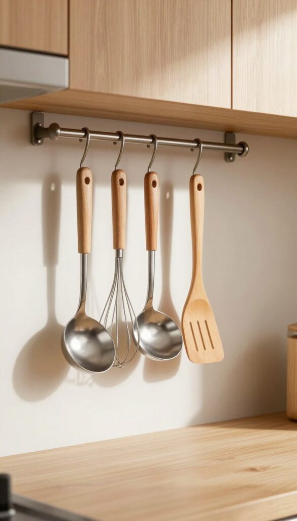 Under-cabinet stemware rack holding kitchen utensils like whisks and ladles in a cozy kitchen