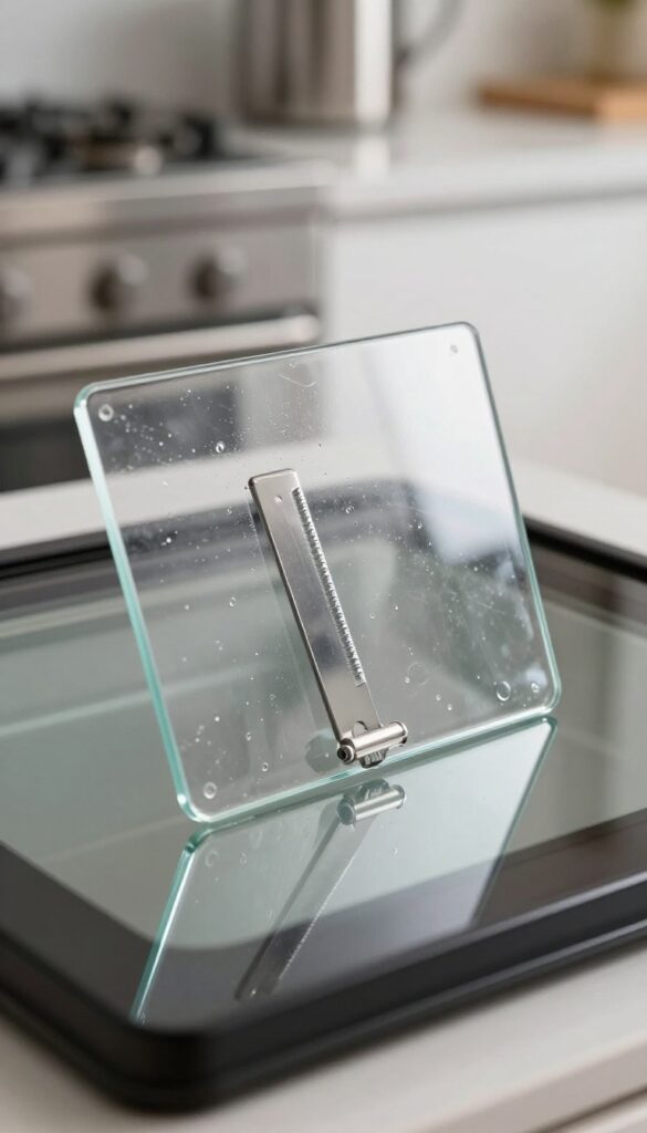 Razor blade scraper cleaning oven door glass