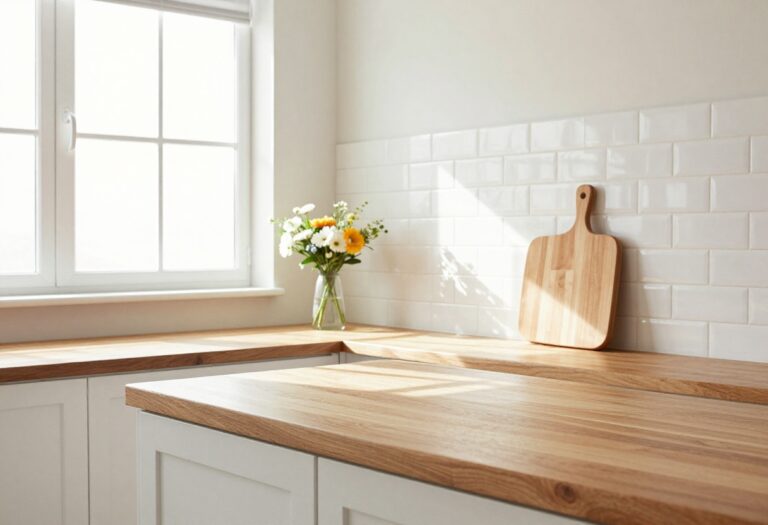 Cozy kitchen with butcher block counter and white subway tile backsplash, natural light, flowers, and cutting board.