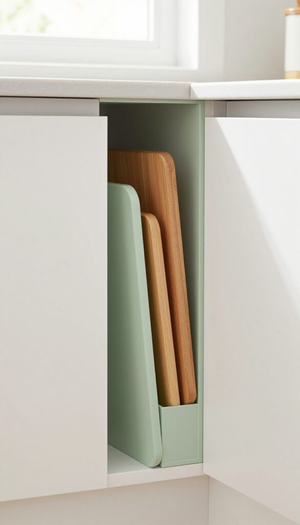 Close-up of a kitchen island with a vertical cutting board storage slot, boards upright, interior painted sage green, natural light.