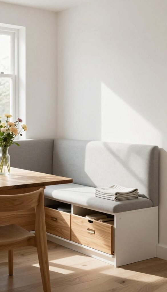 Built-in banquette with under-seat drawers in a bright kitchen eating area, showcasing hidden storage for linens.