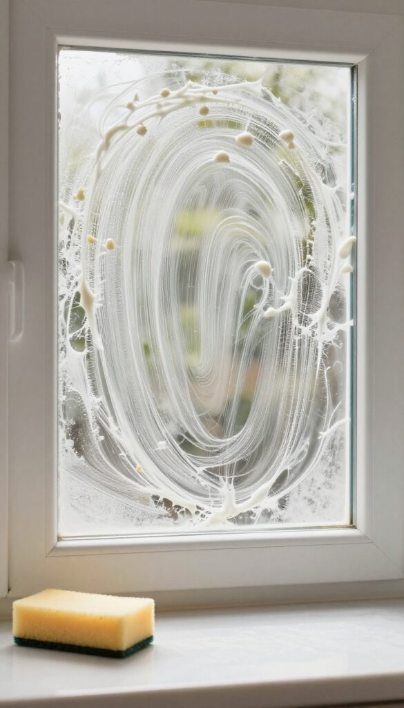 Oven glass window covered with baking soda paste for cleaning