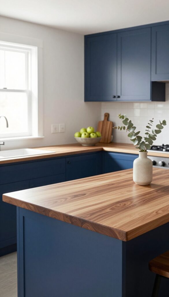 Kitchen with navy blue cabinets and a walnut butcher block island, styled with a cutting board, fruit bowl, and eucalyptus vase in natural light.