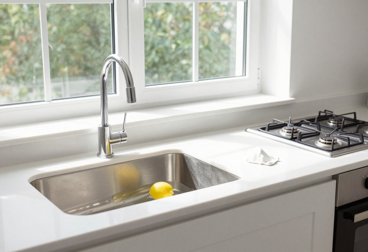 A clean kitchen with natural light, featuring a lemon and baking soda paste on the stovetop.