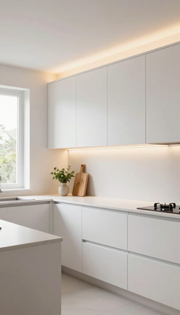 Kitchen with over-cabinet LED strip lighting creating a warm halo effect on the ceiling, making the room feel taller and brighter.