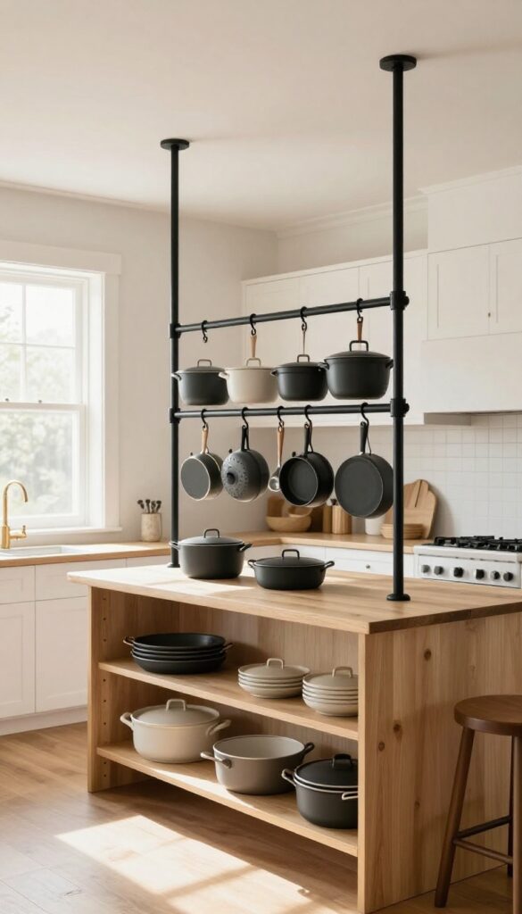Modern farmhouse kitchen with a black pot rack over the island holding neatly arranged cookware